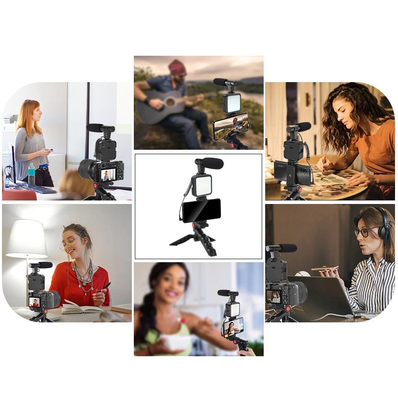Kit de vlogging pentru smartphone, trepied, microfon, panou LED, telecomanda bluetooth, suport reglabil telefon