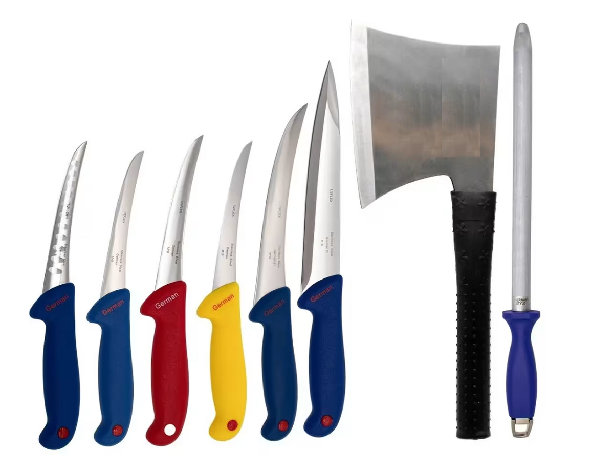 KITUL BUCATARULUI – SET PROFESIONAL DE MACELARIE, 8 PIESE PREMIUM + APARAT ASCUTIT CUTITE CADOU