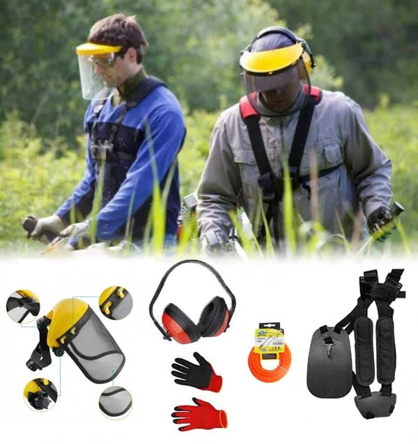 Echipament de protecție și accesorii pentru motocoasă: mască, căști antifoane, mănuși, ham, fir nylon