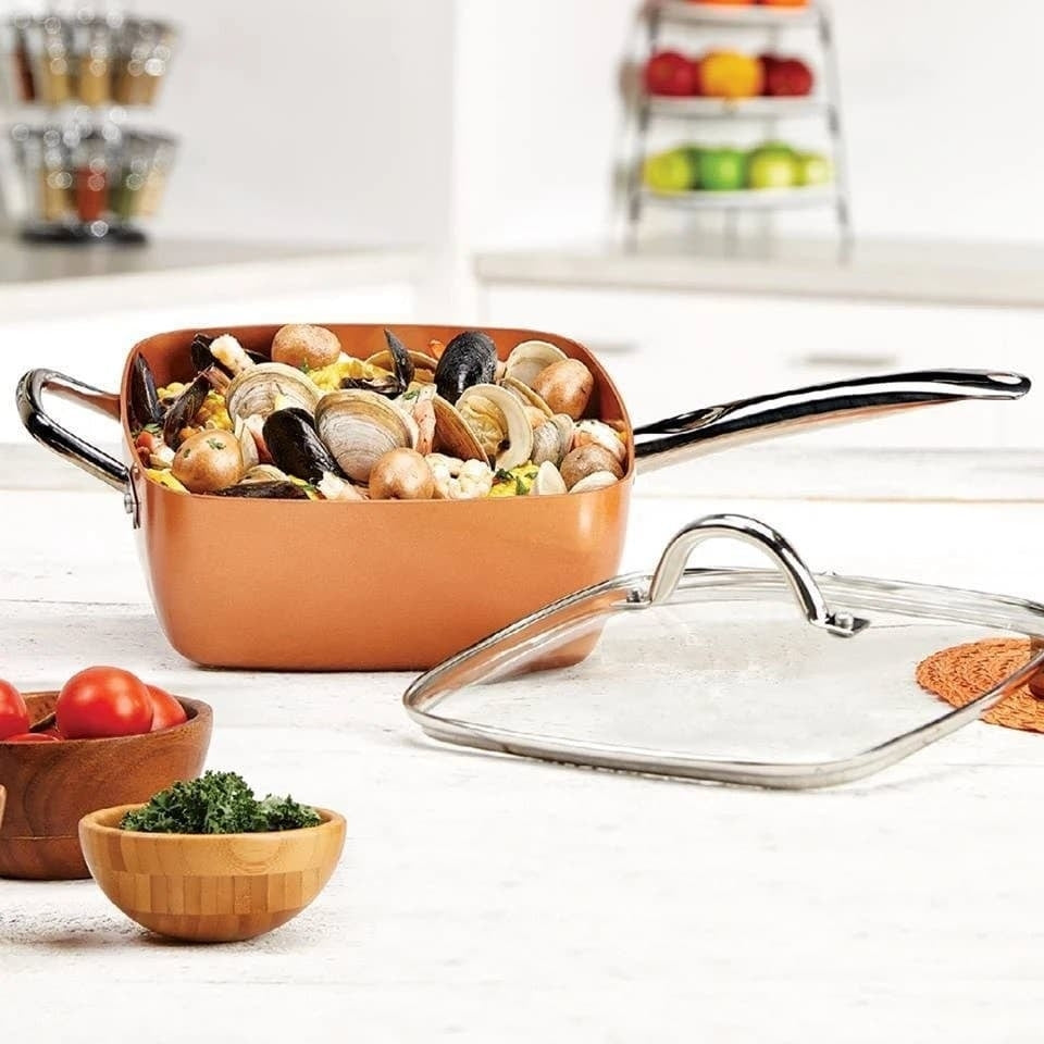 Tigaie Patrata Adanca Multifunctionala – Copper Chef Original – Antiaderenta, Acoperita Cu Ceramica De Calitate, Set 5 Piese