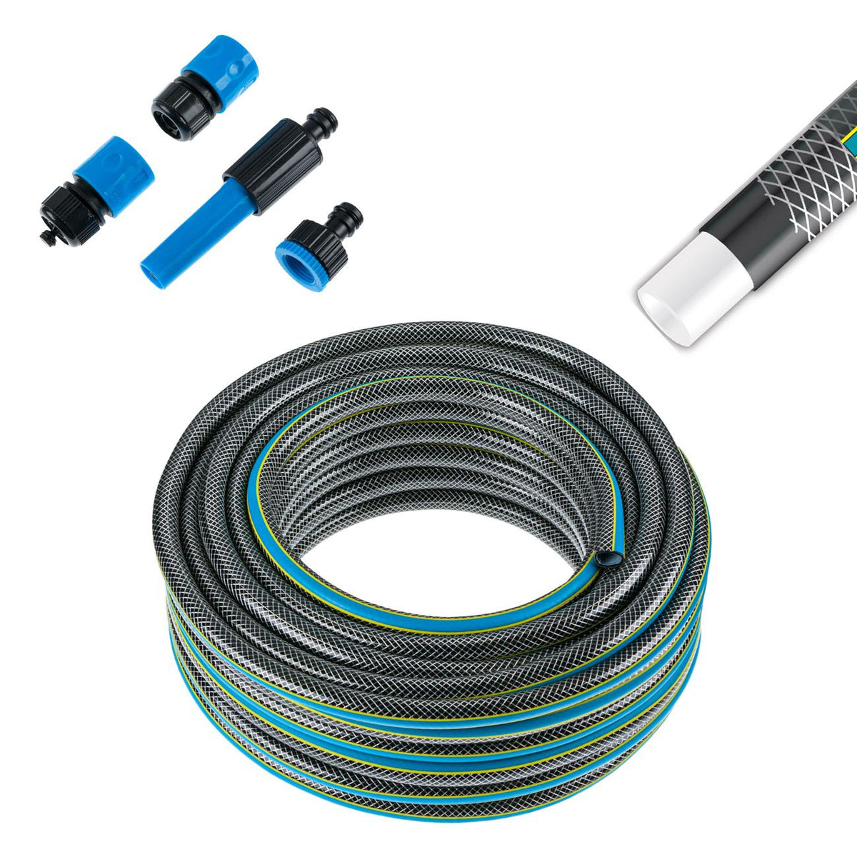 Kit complet pentru udat gradina, Furtun de gradina Premium, 20 m, insertie textila, 4 conectori inclusi. 