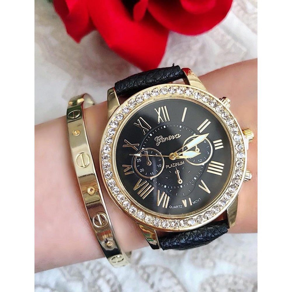 Ceas dama curea piele PU​​​​​​​ Golden Black cu pietricele