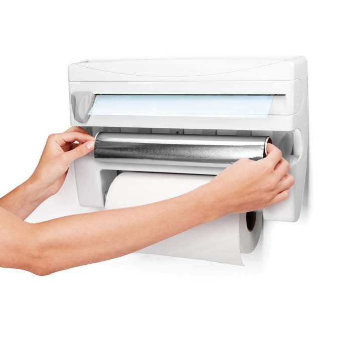 Dispenser triplu folie aluminiu,folie strech si rola servetele. 