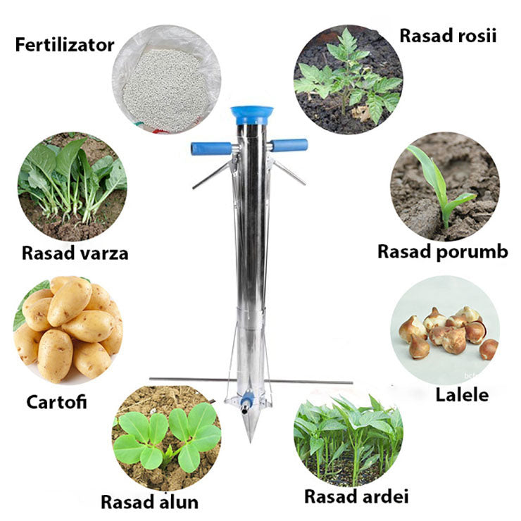 Plantator inox cu 2 manere si pedala pentru rasaduri