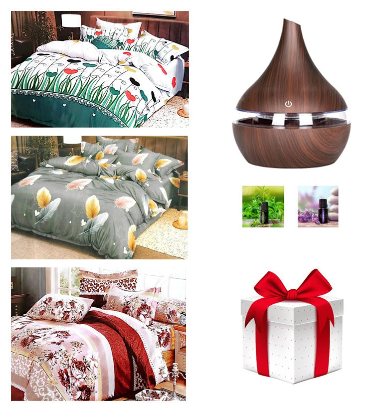 PROMOTIE LIMITATA! LENJERIE DE PAT 4 PIESE DIN FINET 180X230 CM MODEL FLORAL + UMIDIFICATOR AROMATERAPIE + SET 2 ULEIURI AROMATERAPIE + CADOU