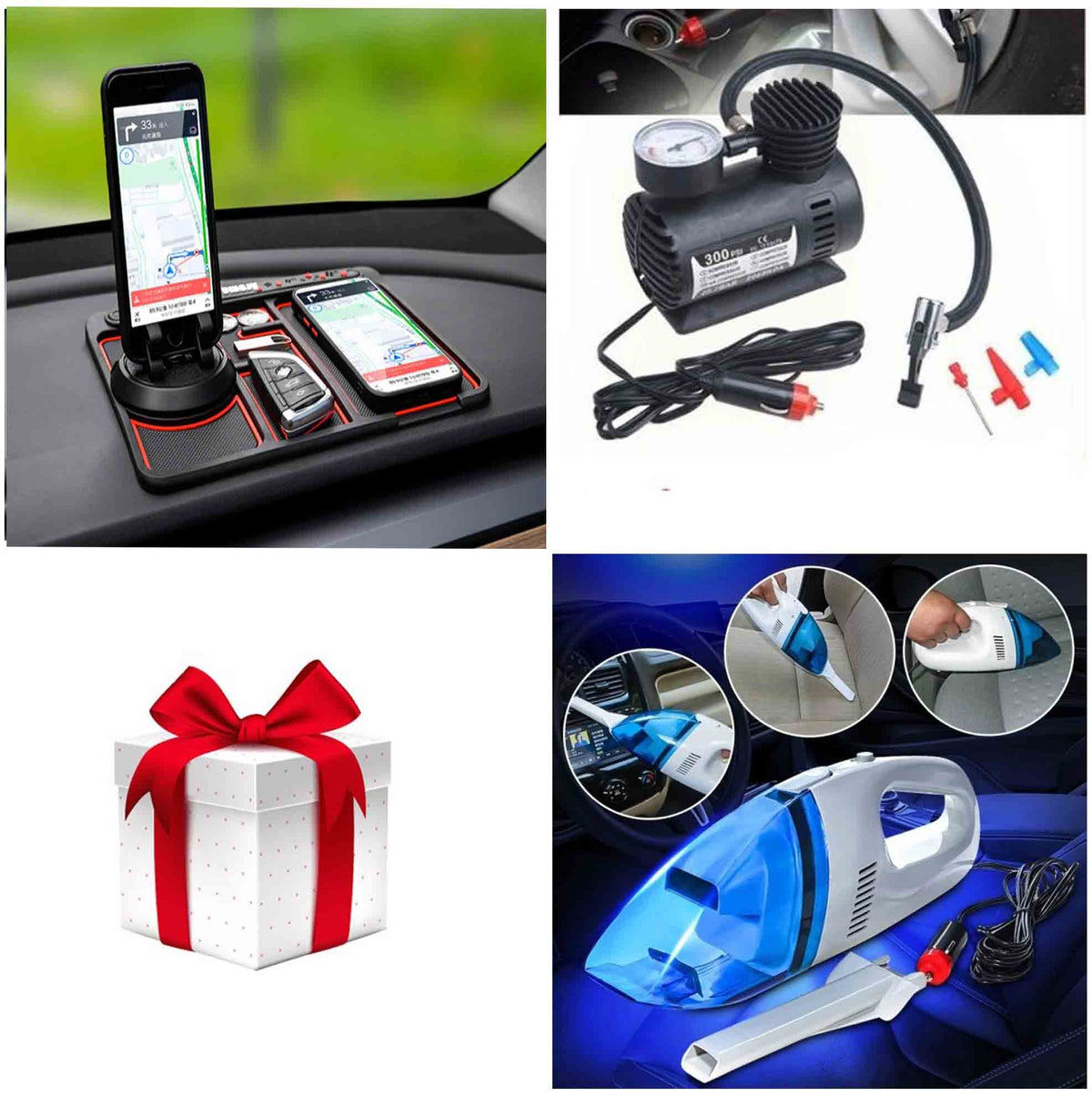PROMO PACHET PENTRU AUTO, SUPORT TELEFON SI ORGANIZATOR BORD 4IN1+ ASPIRATOR PORTABIL, COMPRESOR AUTO SI CADOU
