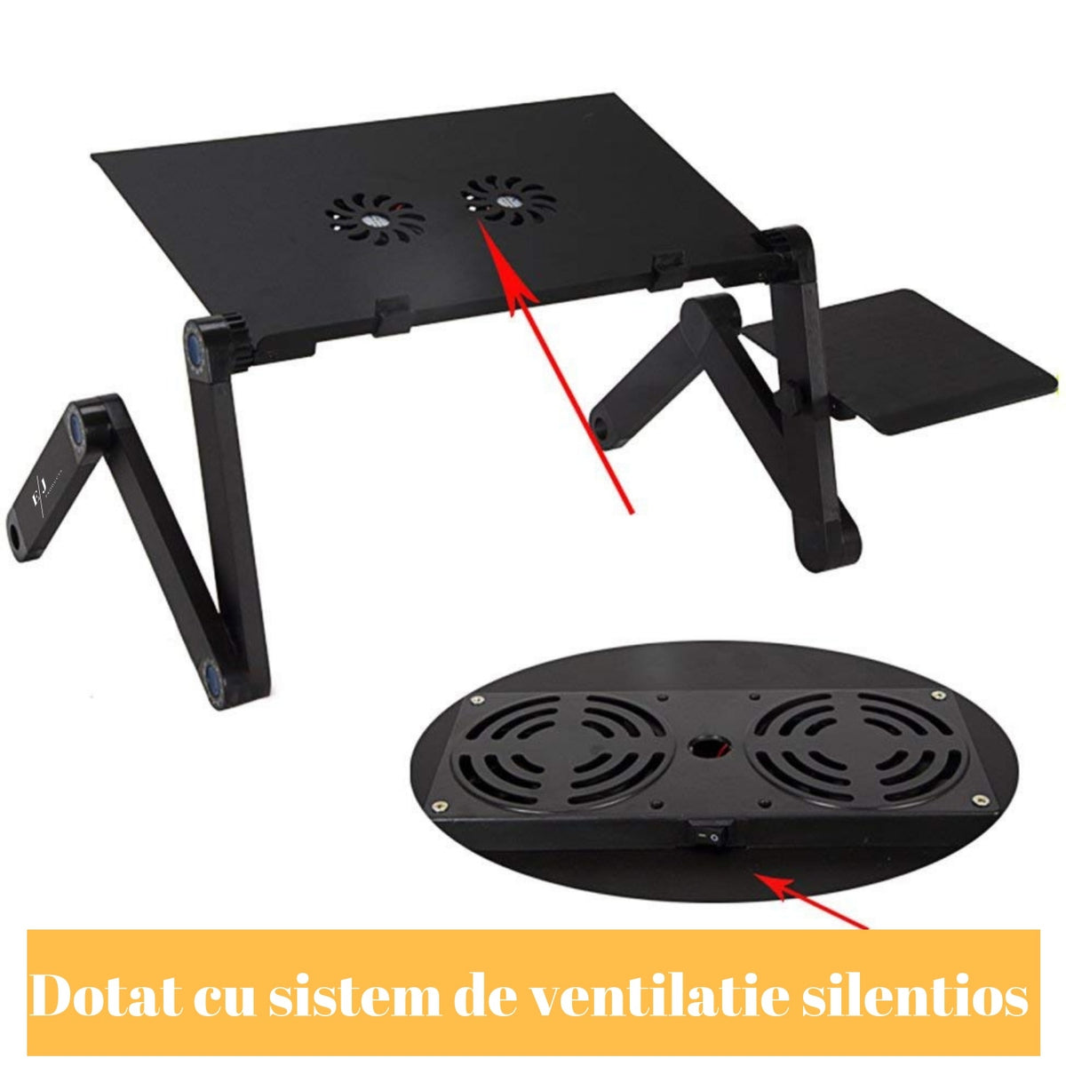 Masuta De Laptop Din Aluminiu, Cooler Incorporat Si Suport Lateral Pentru Mouse