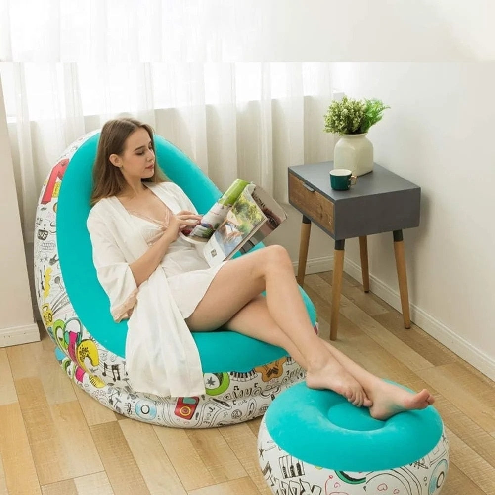 Set fotoliu gonflabil + taburet pentru picioare, Pompa, Multicolor