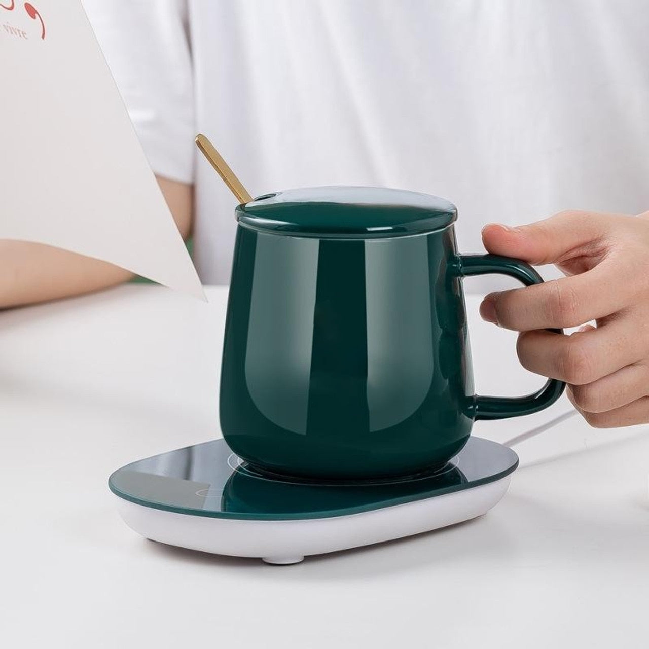 Set Cana din ceramica cu autoincalzire si lingurita, cu pad incalzitor prin inductie