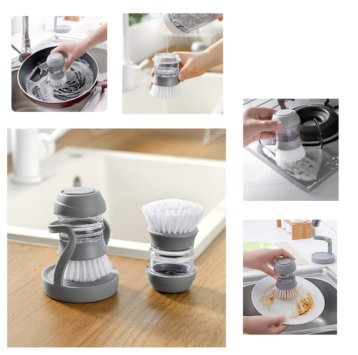 Perie de vase cu dozator detergent, suport depozitare, utilizare universala, forma ergonomica